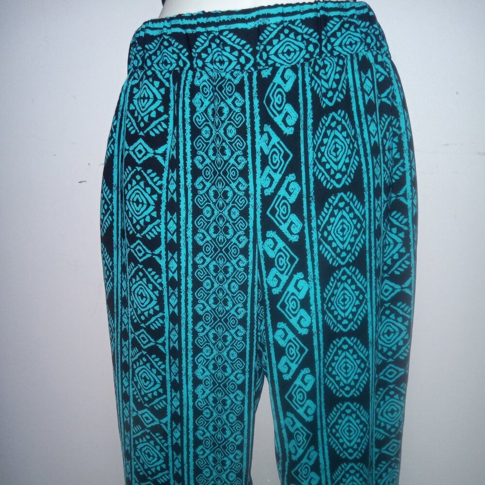 Turquoise and Black  Rayon Large pants , elastic waist and ankles
